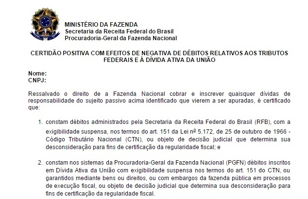 Capa do artigo 'Certidão Positiva Com Efeitos Negativa De Débitos' na categoria Documentação